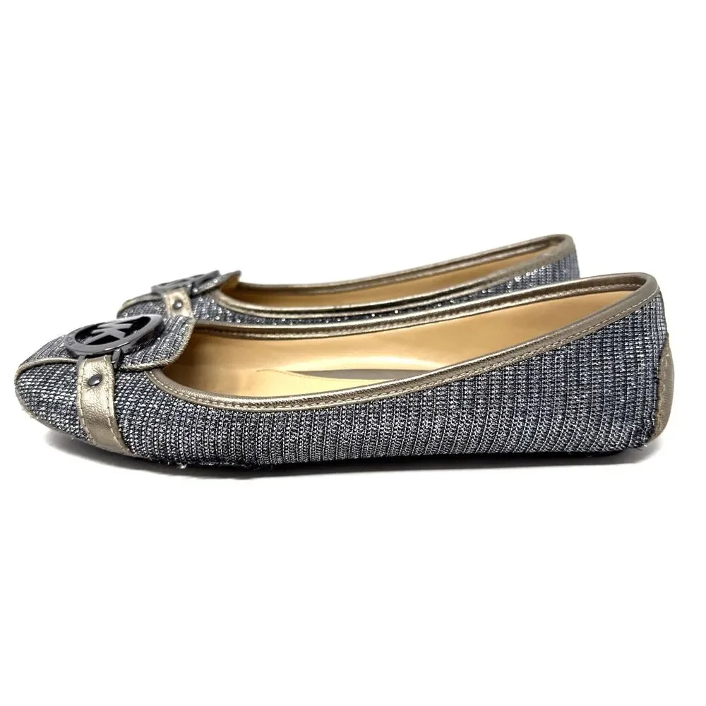 Michael Kors Fulton Ballerina Flat Womens Sz 7 Signature Silver Gold Sparkle Moc